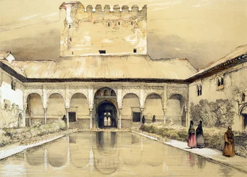 Cour des Myrtes (Patio de los Arrayanes) et tour de Comares, extrait de «Sketches and Drawings of the Alhambra», gravé par William Gauci (fl. 1825-54), 1835